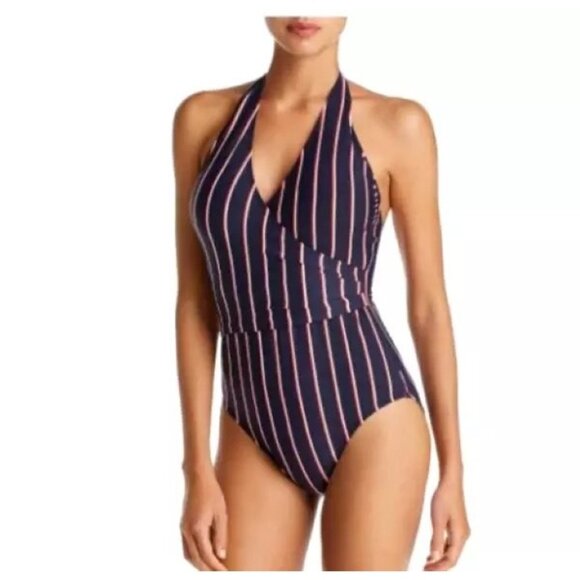 Lauren Ralph Lauren Dylan Striped Wrap Halter One Piece Swimsuit 6 Navy Red Whit - Picture 1 of 7